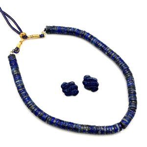 LAPIS LAZULI Disc Saucer Bead Necklace Earring Set Adjustable String Closure 20"